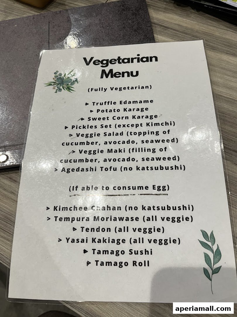 A vegetarian menu from Ichiho Donburi Sushi with various Japanese dishes.