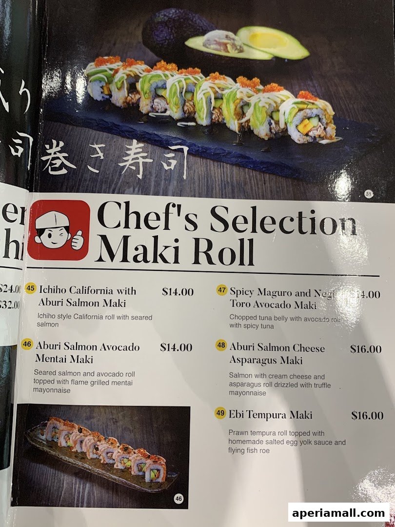 A menu page showcasing various maki rolls with descriptions and prices.