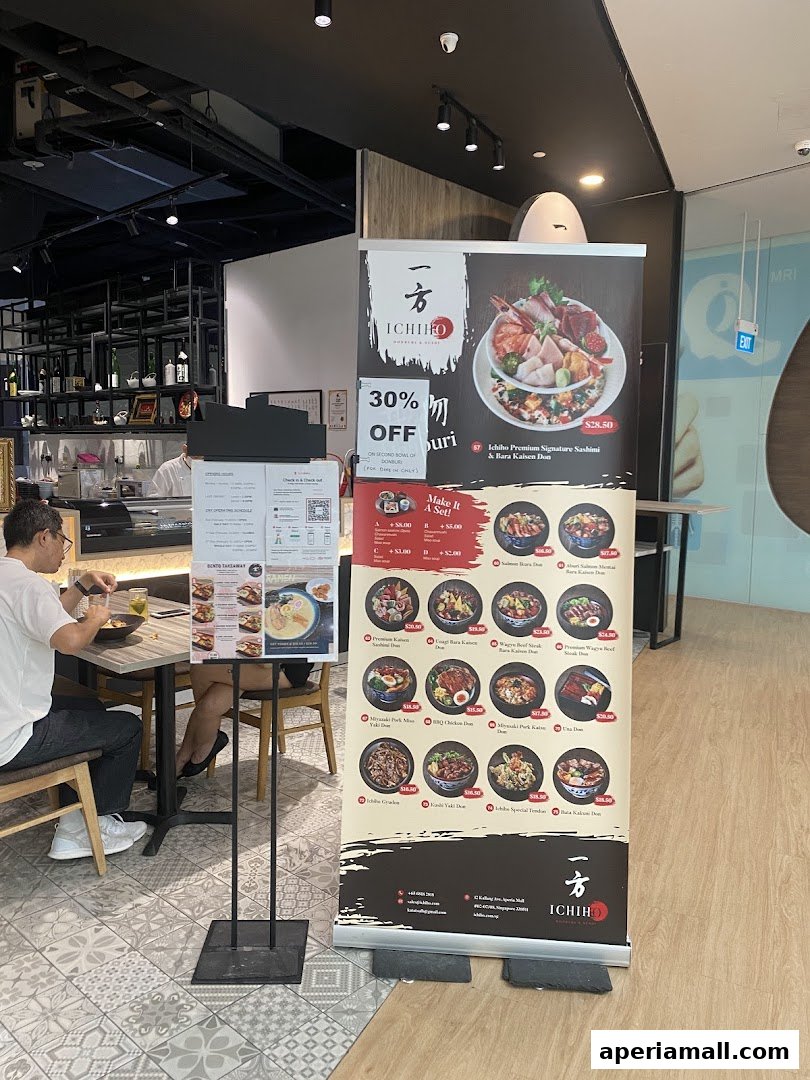 A promotional banner for Ichiho Donburi Sushi featuring a signature sashimi dish and various donburi bowls.
