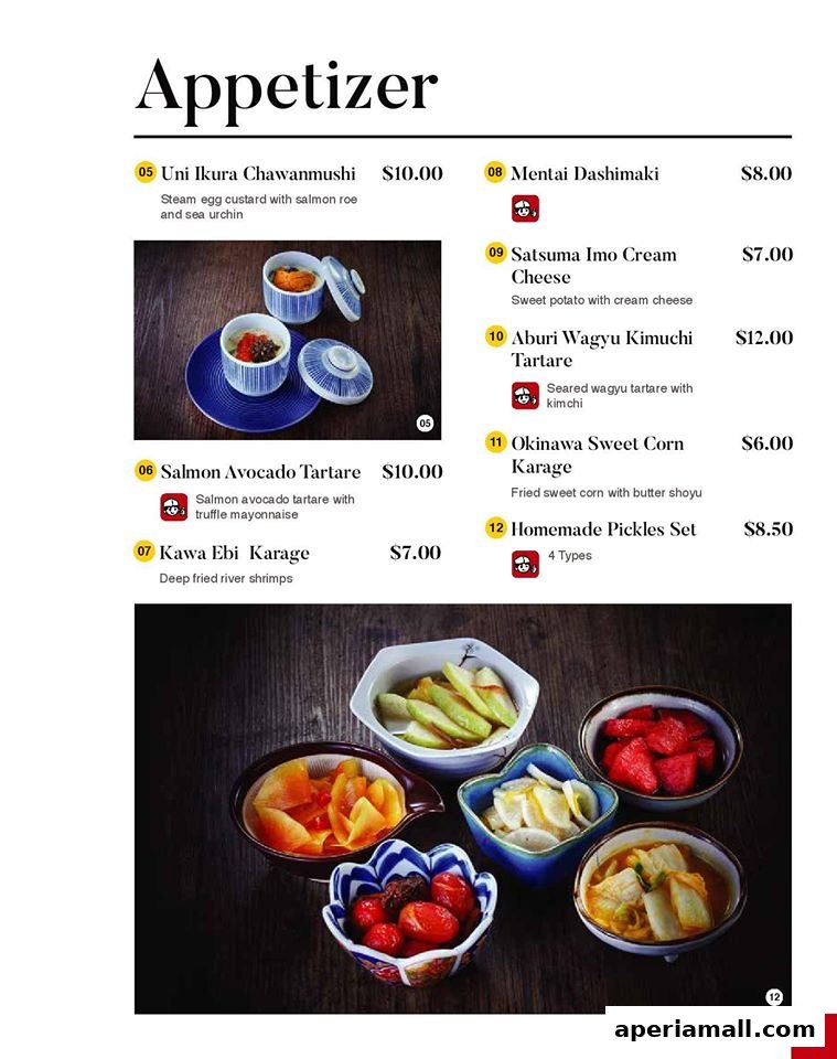 A menu page showcasing various Japanese appetizers with descriptions and prices.