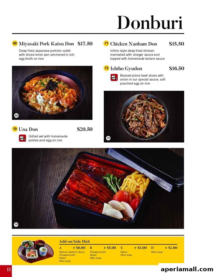 A menu featuring various Donburi dishes with descriptions and prices, plus add-on side dishes.
