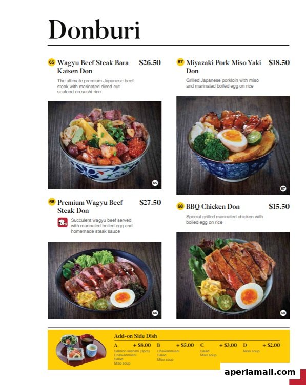 A menu showcasing various donburi dishes with descriptions and prices.
