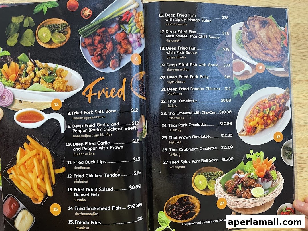A menu page from Im-Em Thai Kitchen featuring various fried dishes and omelettes.