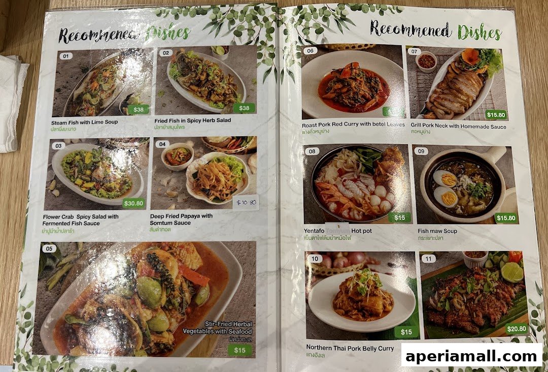 A menu from Im-Em Thai Kitchen showcasing various recommended Thai dishes with images and prices.