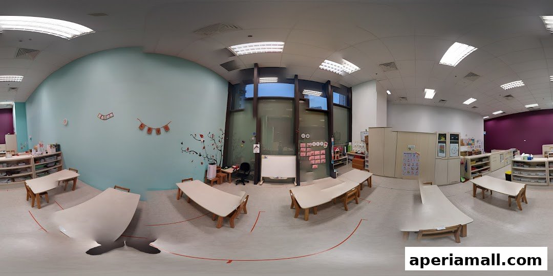 A bright and organized classroom with child-sized tables and chairs, storage shelves, and educational decorations.