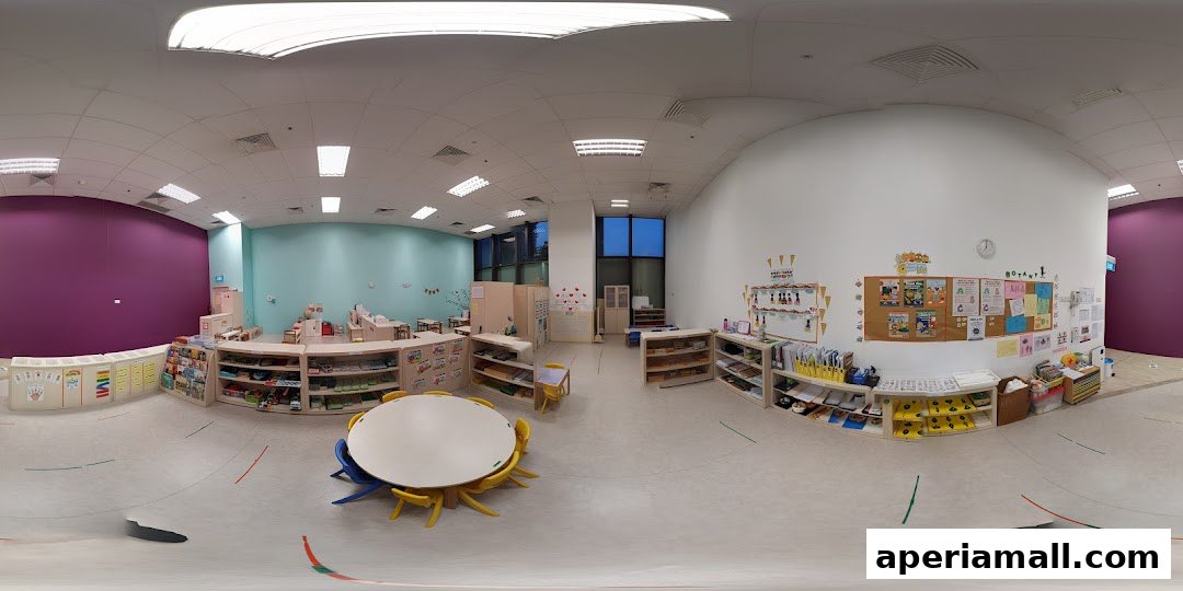 A bright and colorful Montessori classroom with tables, chairs, shelves, and learning materials.