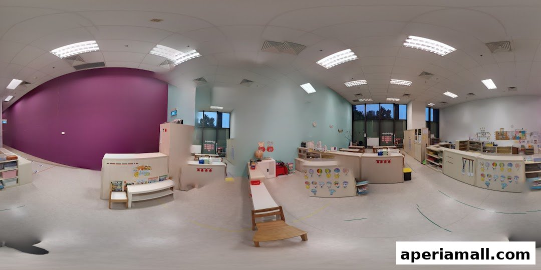 Interior view of a brightly lit, modern Montessori classroom with colorful learning materials and child-sized furniture.