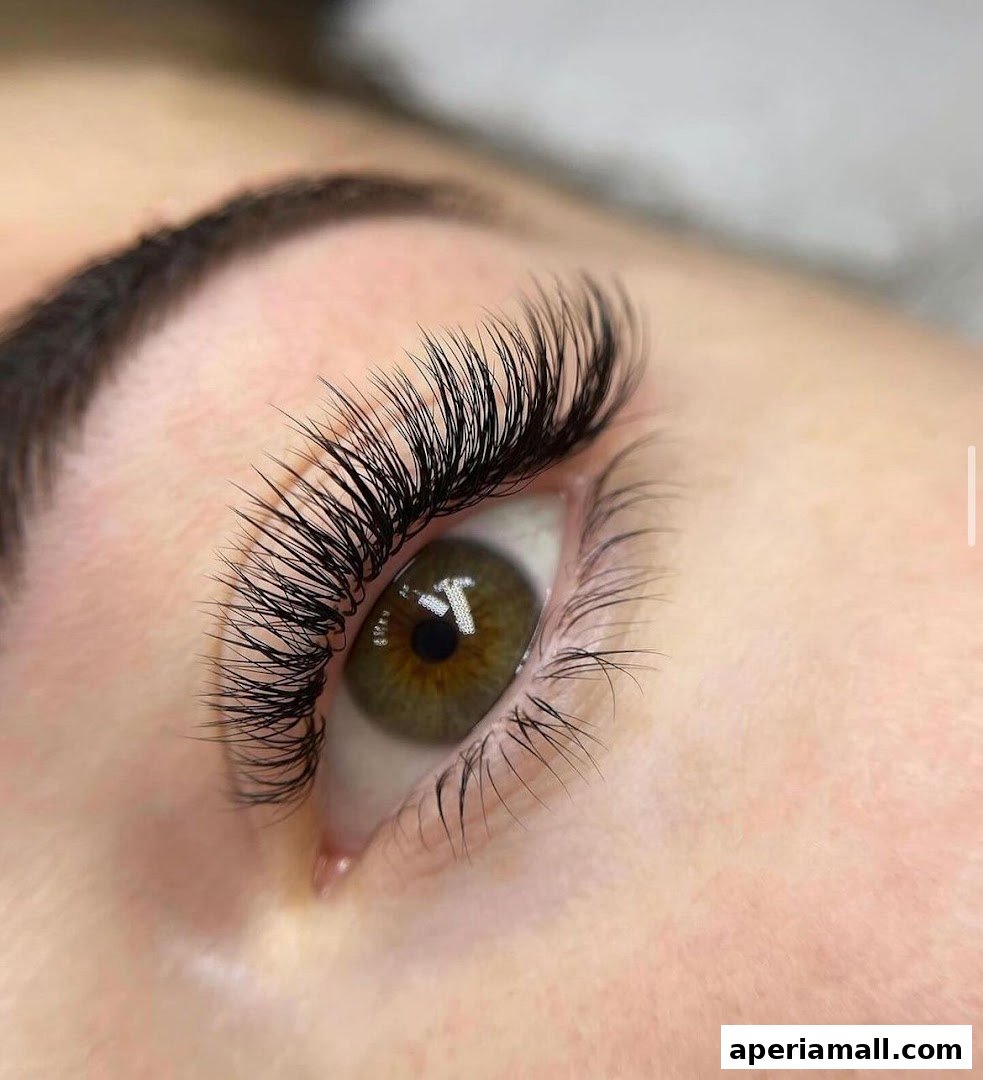 A close-up shot of a person's eye with beautifully applied, voluminous eyelash extensions.