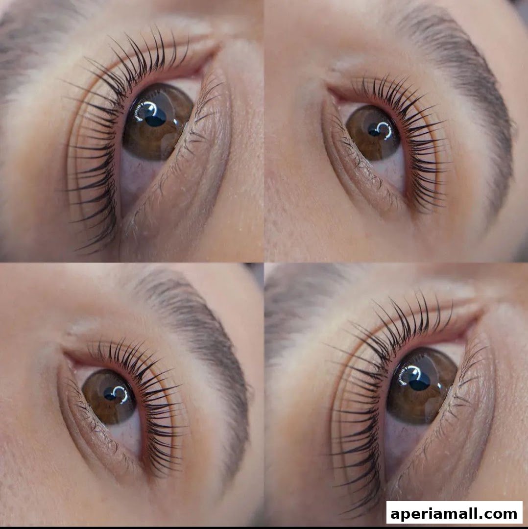 Close-up collage of four images showcasing perfectly lifted and defined eyelashes.