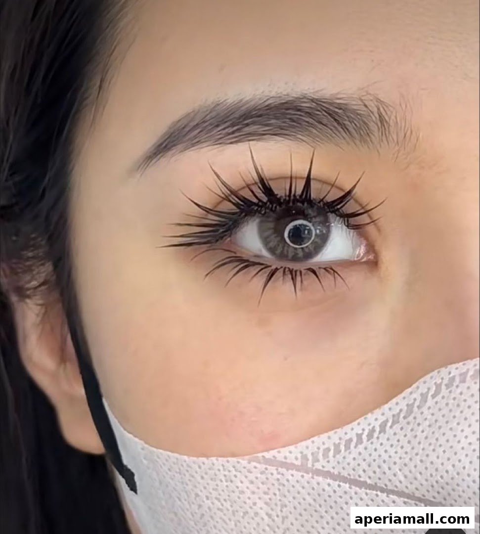 Close-up of a woman's eye with dramatic, voluminous lashes and a protective mask.