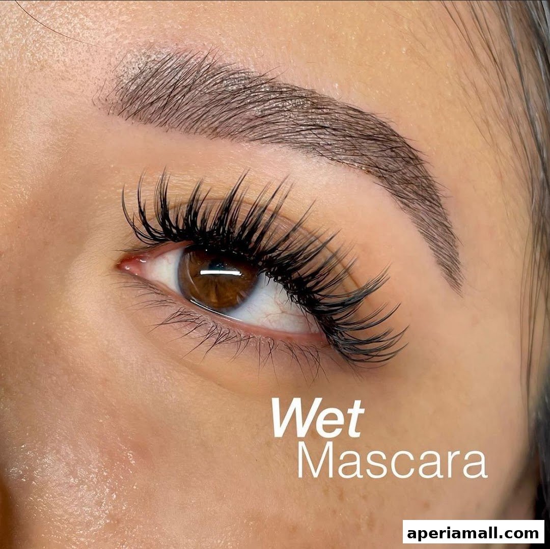 Close-up of a woman's eye with dramatic, voluminous false eyelashes and perfectly shaped eyebrows.