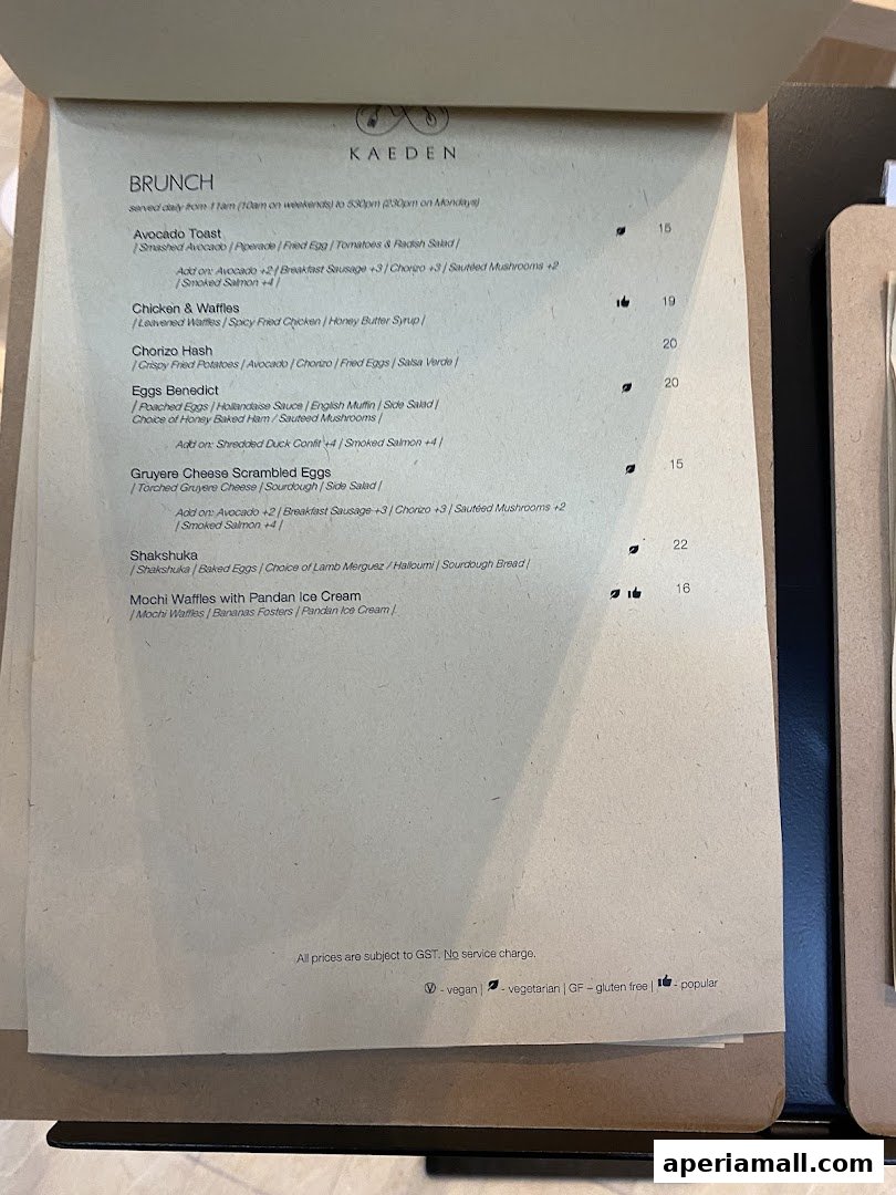 A menu from Kaeden restaurant featuring brunch items like Avocado Toast and Chicken & Waffles.