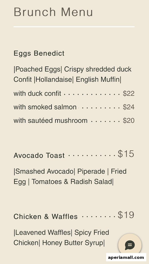 A brunch menu featuring Eggs Benedict, Avocado Toast, and Chicken & Waffles with prices.