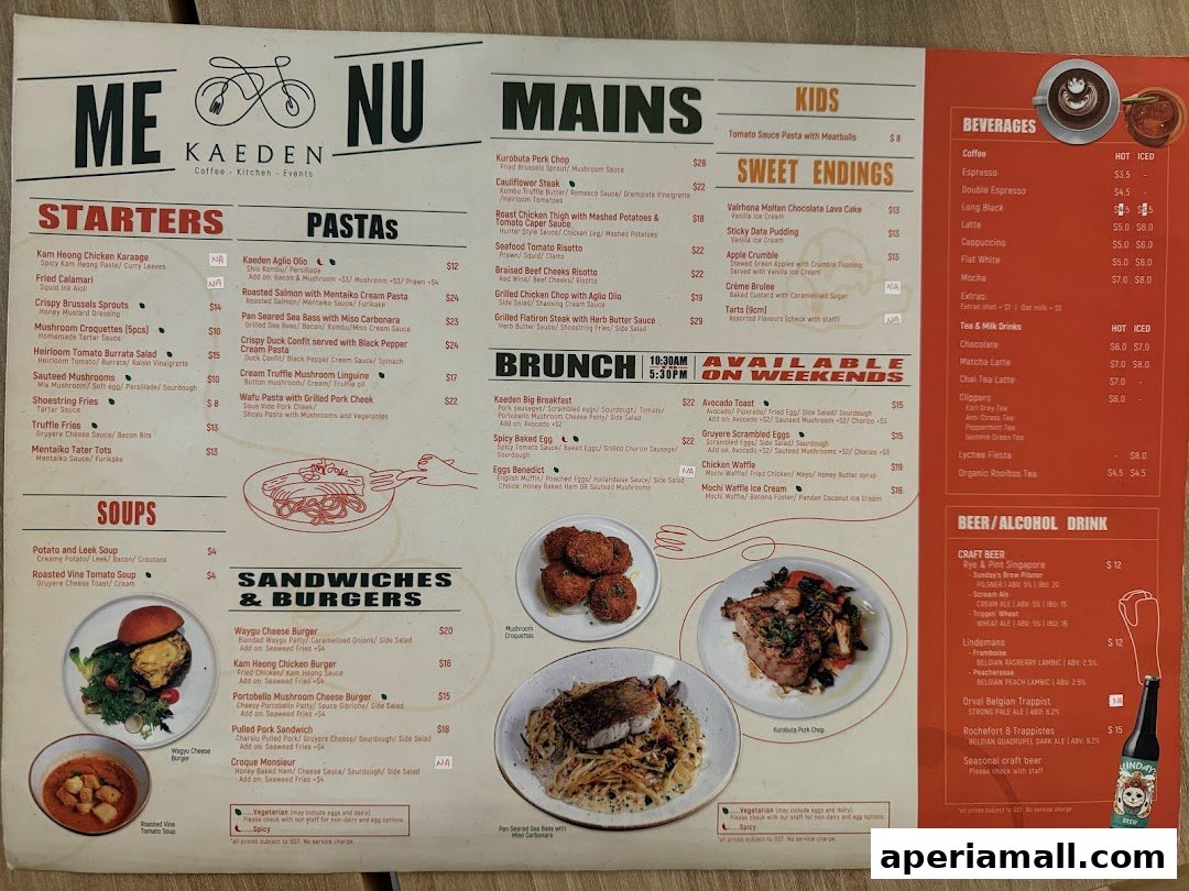 A menu for Kaeden restaurant, featuring starters, pastas, mains, kids' meals, brunch, sandwiches, burgers, beverages, and drinks.
