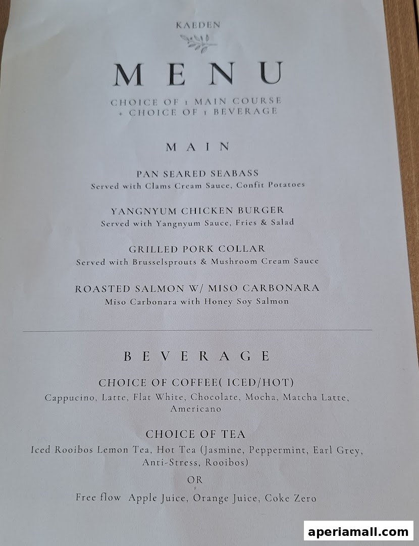 A menu from Kaeden restaurant offering main courses and beverages.