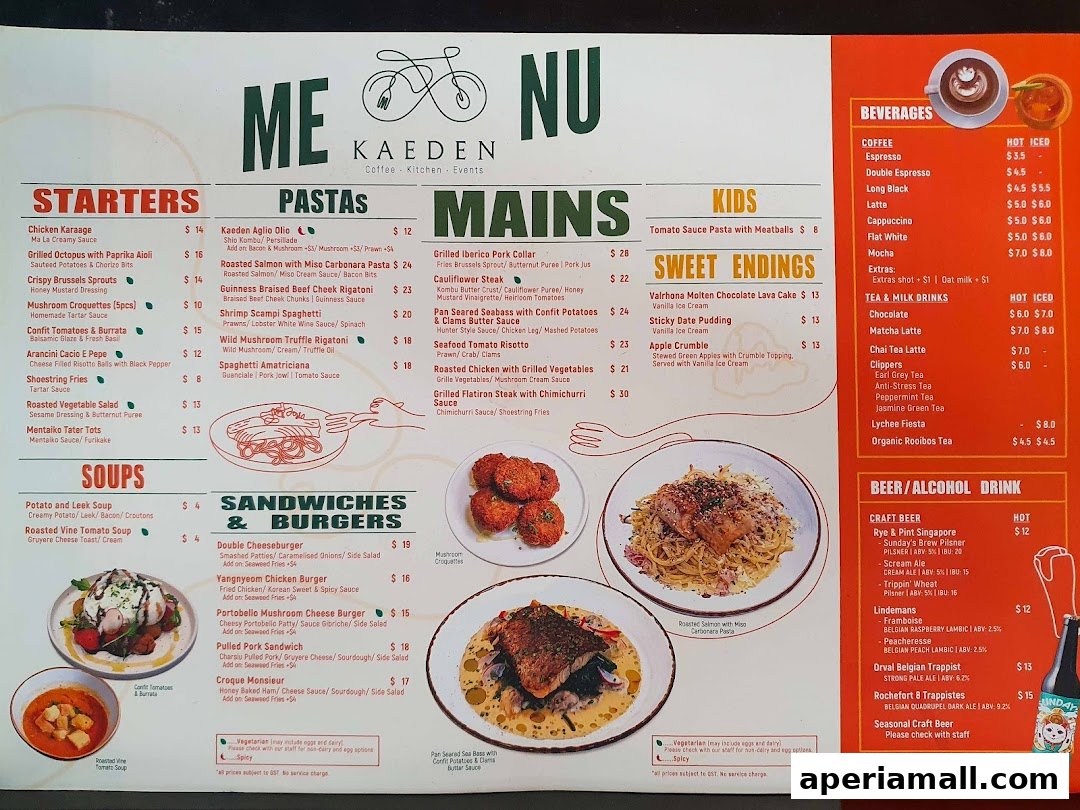 A menu from Kaeden restaurant featuring starters, pastas, mains, sandwiches, burgers, soups, beverages, and drinks.