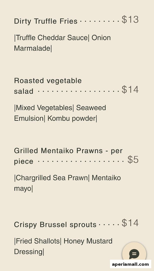 A menu with several food items and their prices.