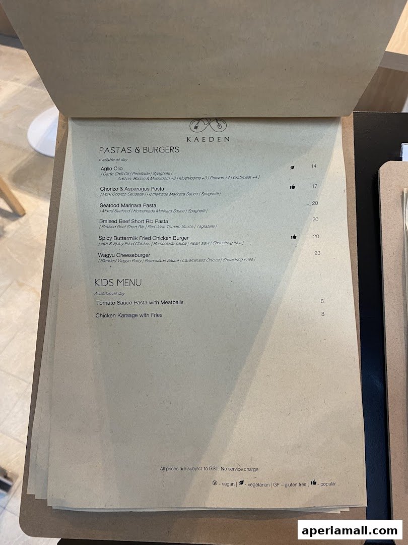 A menu from Kaeden restaurant featuring pastas, burgers, and kids' meals.