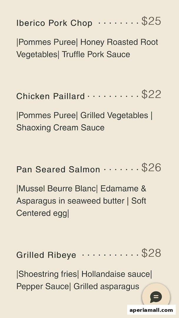 A menu featuring four main courses with descriptions and prices.