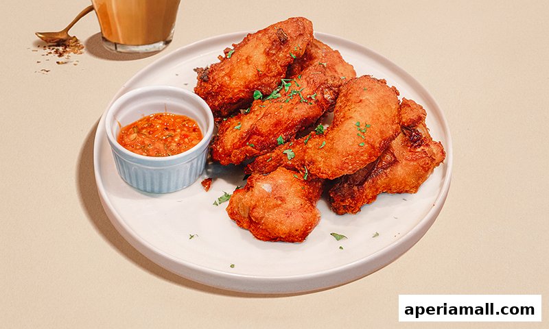 A plate of crispy fried chicken wings with a side of dipping sauce and a drink.