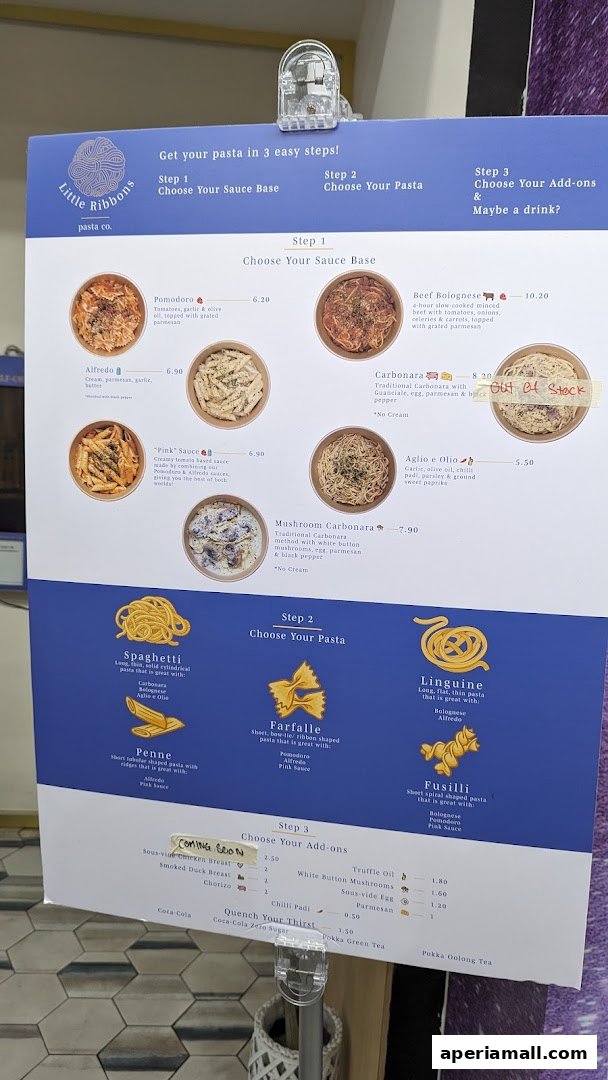 A menu board for Little Ribbons Pasta Co. detailing sauce bases, pasta types, and add-ons.