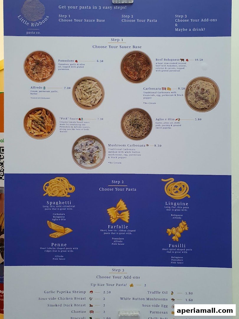 A menu for Little Ribbons Pasta Co. detailing sauce bases, pasta types, and add-ons.