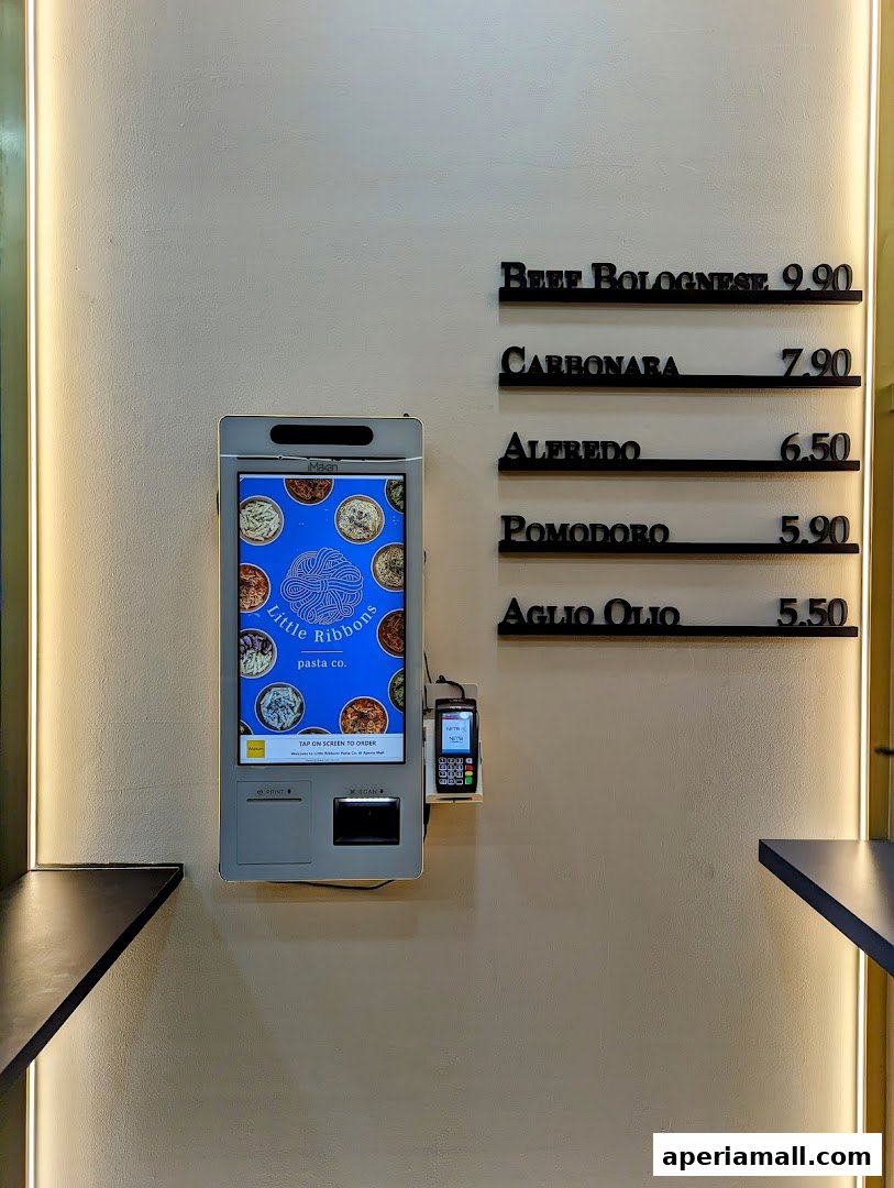 A digital ordering kiosk and menu board for Little Ribbons Pasta Co.