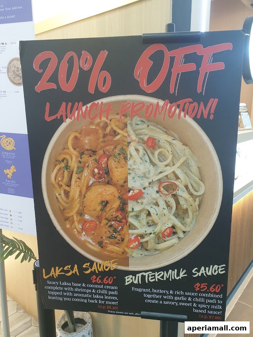 A promotional poster for Little Ribbons Pasta Co. featuring two pasta dishes with different sauces.