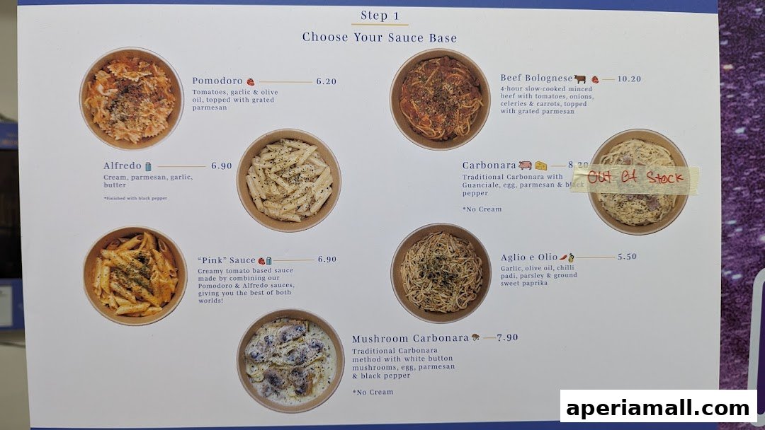 A menu displaying various pasta sauce bases with images and prices.