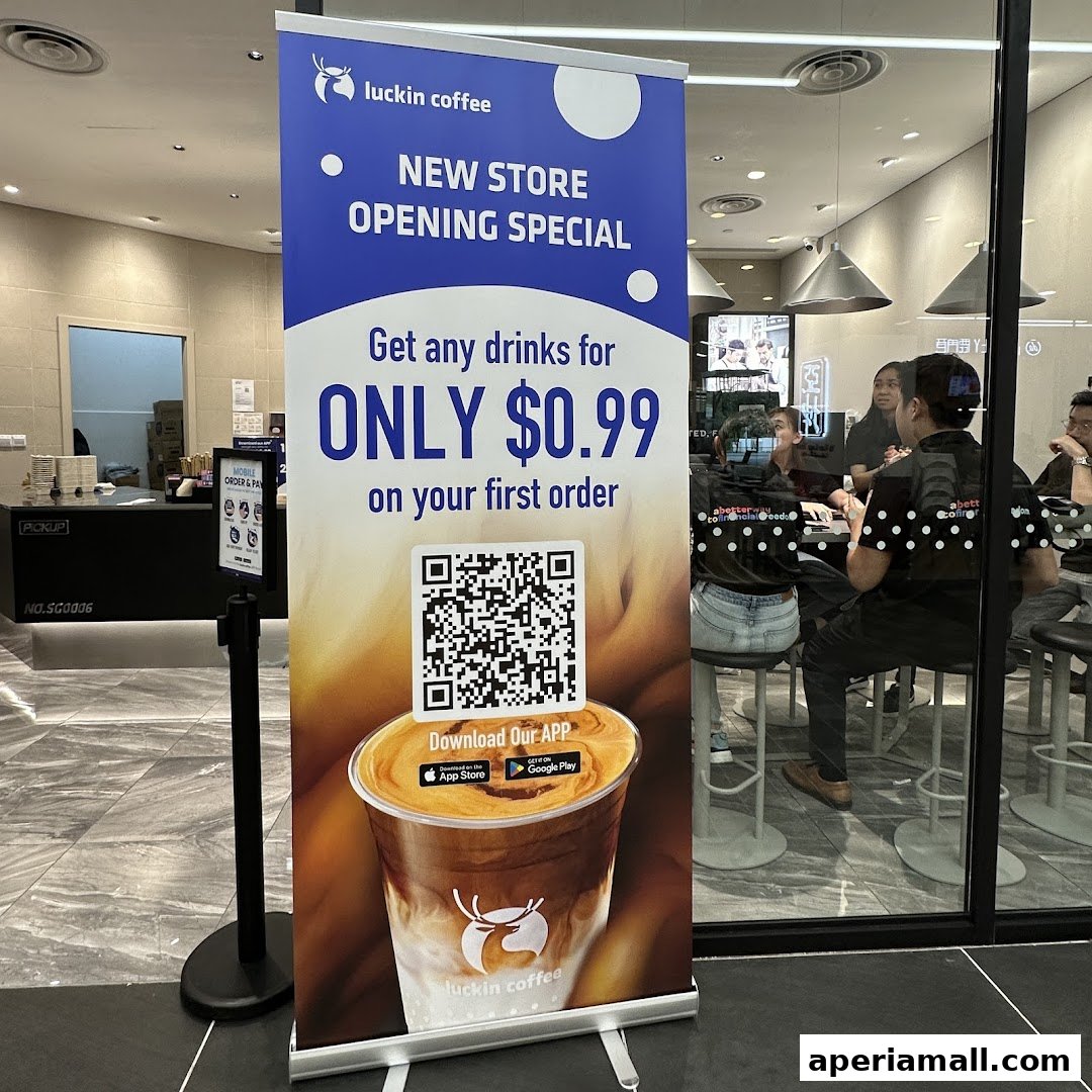 A promotional banner for Luckin Coffee's new store opening special, offering drinks for $0.99.