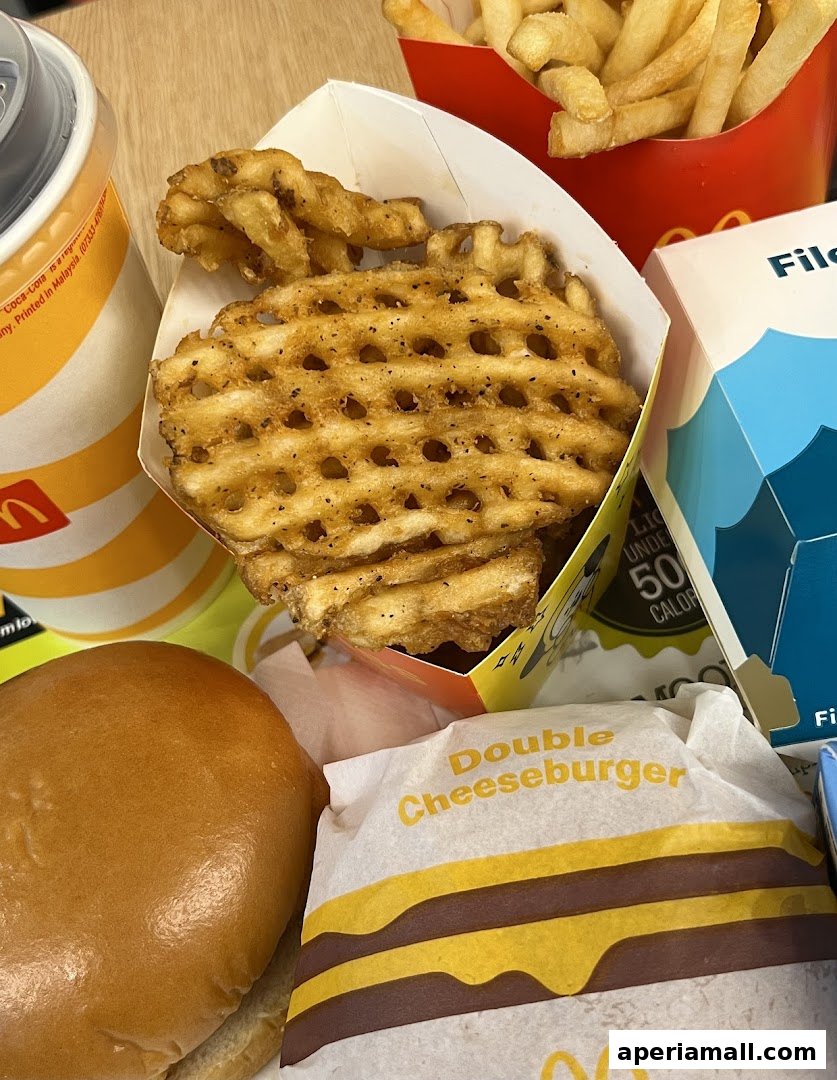 A close-up of a McDonald's meal featuring waffle fries, regular fries, a double cheeseburger, and a drink.