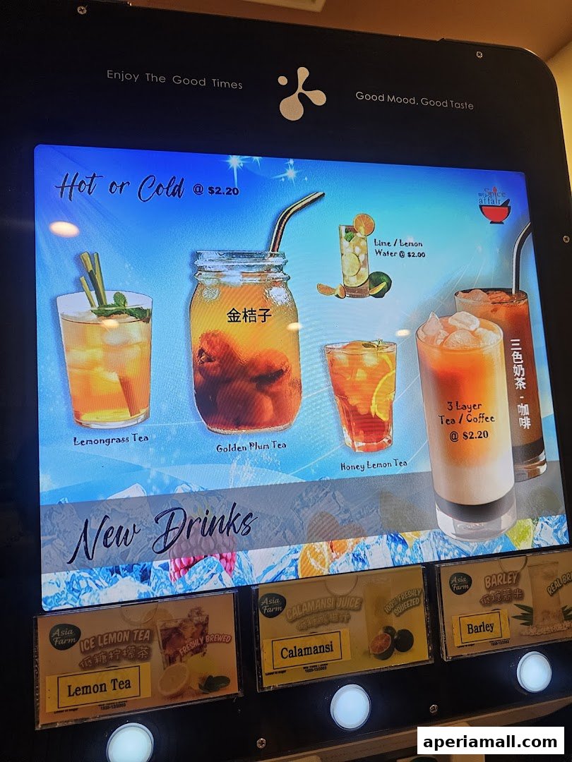 A digital menu displaying various hot and cold drinks with prices and images.