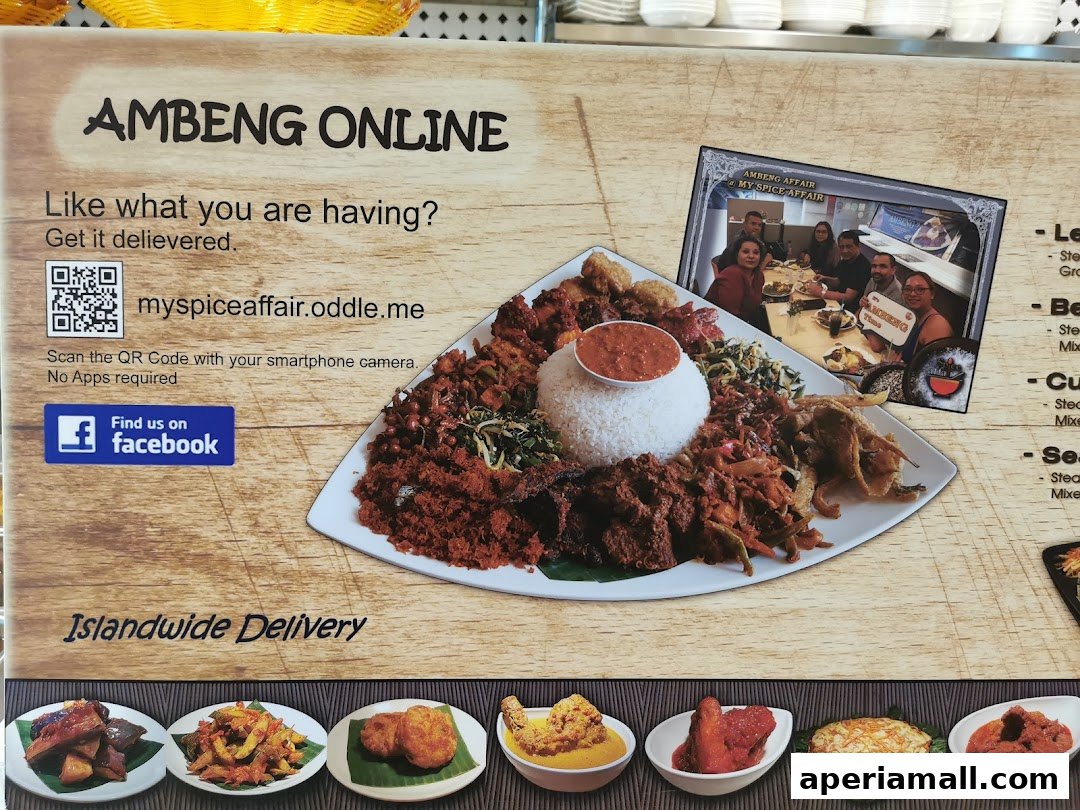 A promotional image for 'My Spice Affair' showcasing a large platter of food and offering online ordering and delivery.