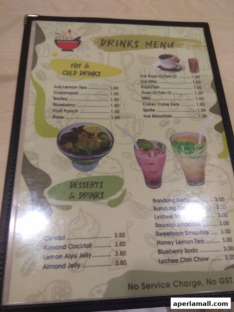 A menu from My Spice Affair featuring hot and cold drinks, desserts, and smoothies.