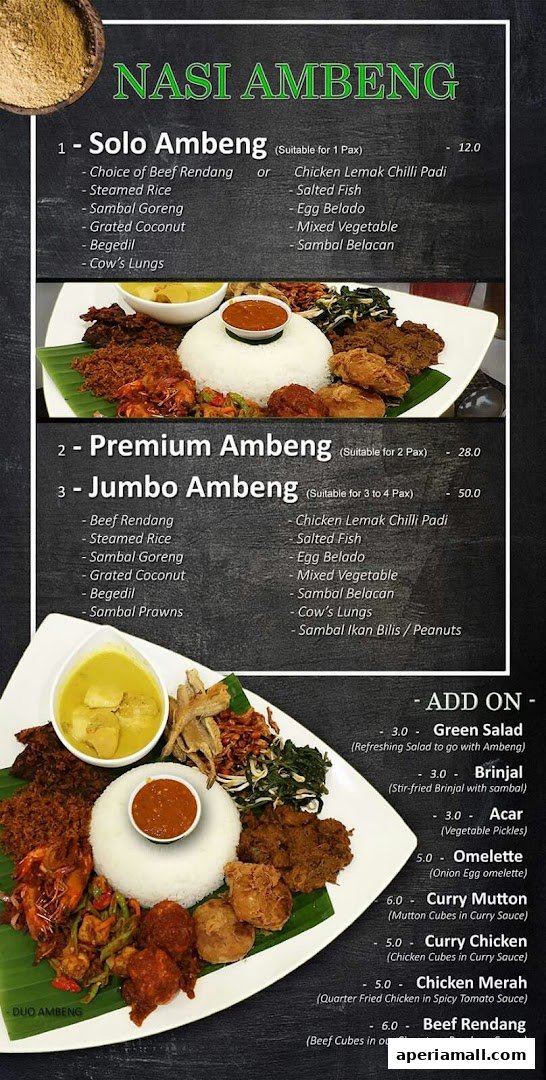 A menu showcasing Nasi Ambeng dishes with various set options and add-ons.