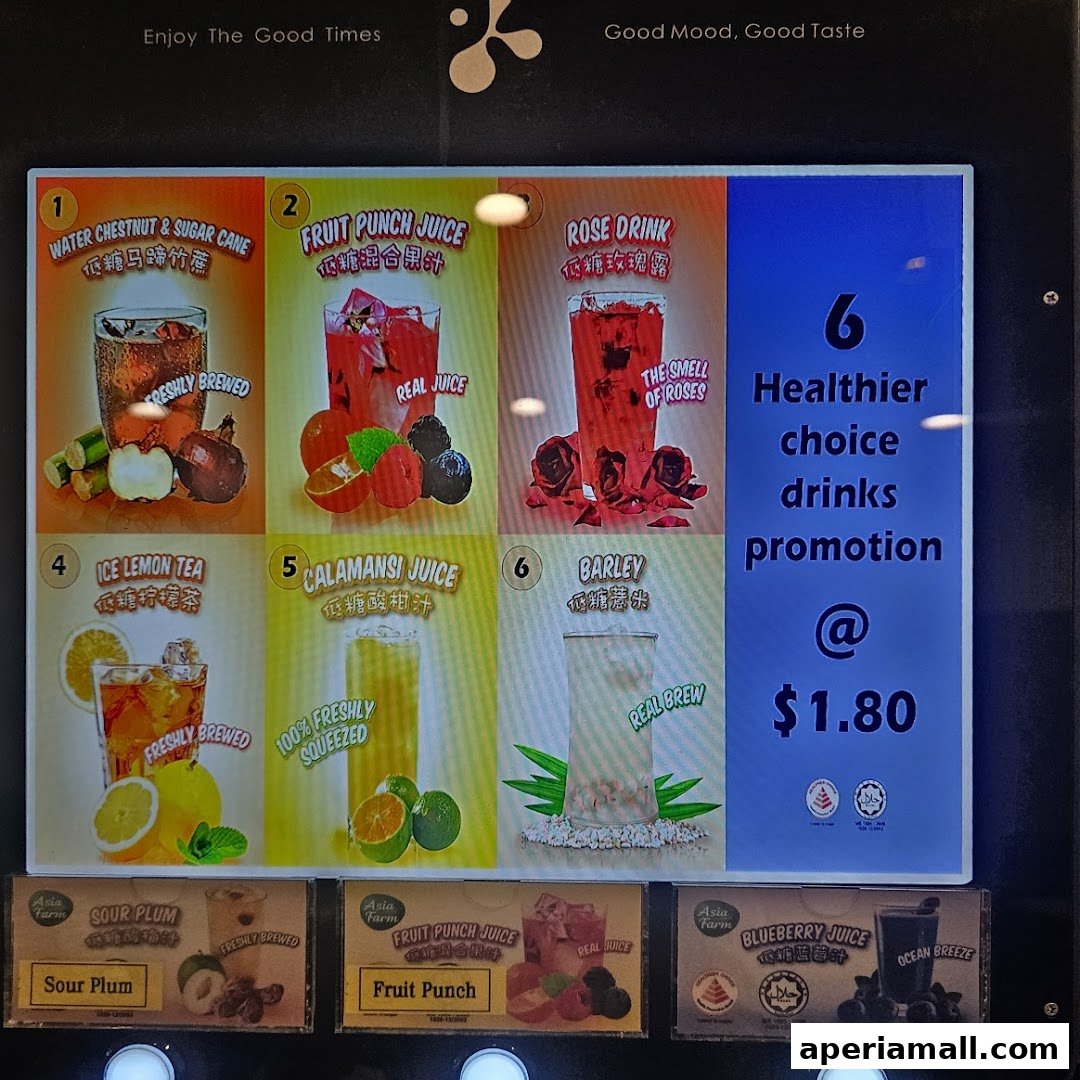 A digital menu board displaying various drinks and a promotion for healthier choices.