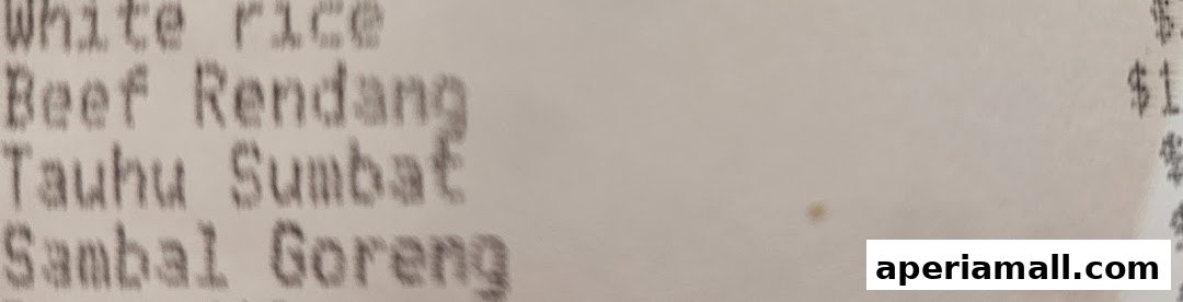 A close-up of a receipt showing food items and prices from My Spice Affair.