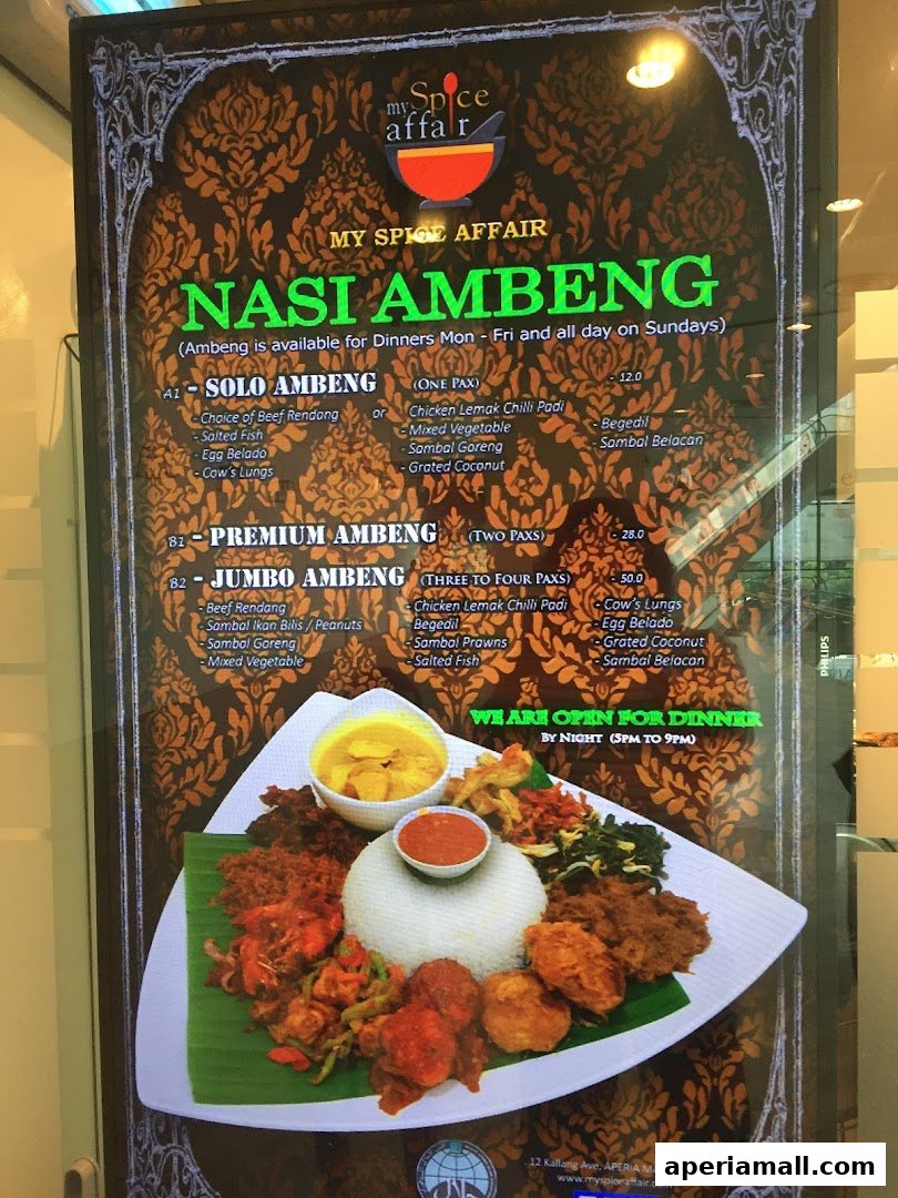 A menu board for My Spice Affair showcasing Nasi Ambeng dishes with prices and ingredients.