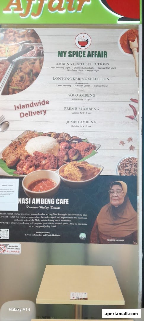A menu for My Spice Affair, showcasing Nasi Ambeng Cafe with various selections and descriptions.