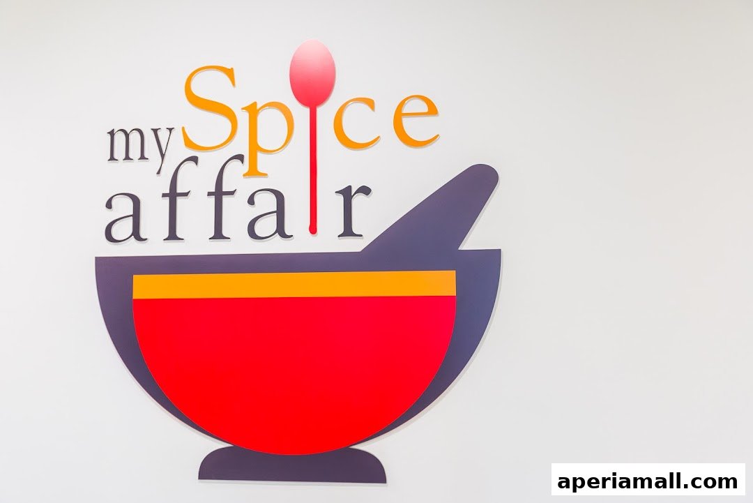 The logo for 'My Spice Affair' features the shop name above a colorful mortar and pestle graphic.