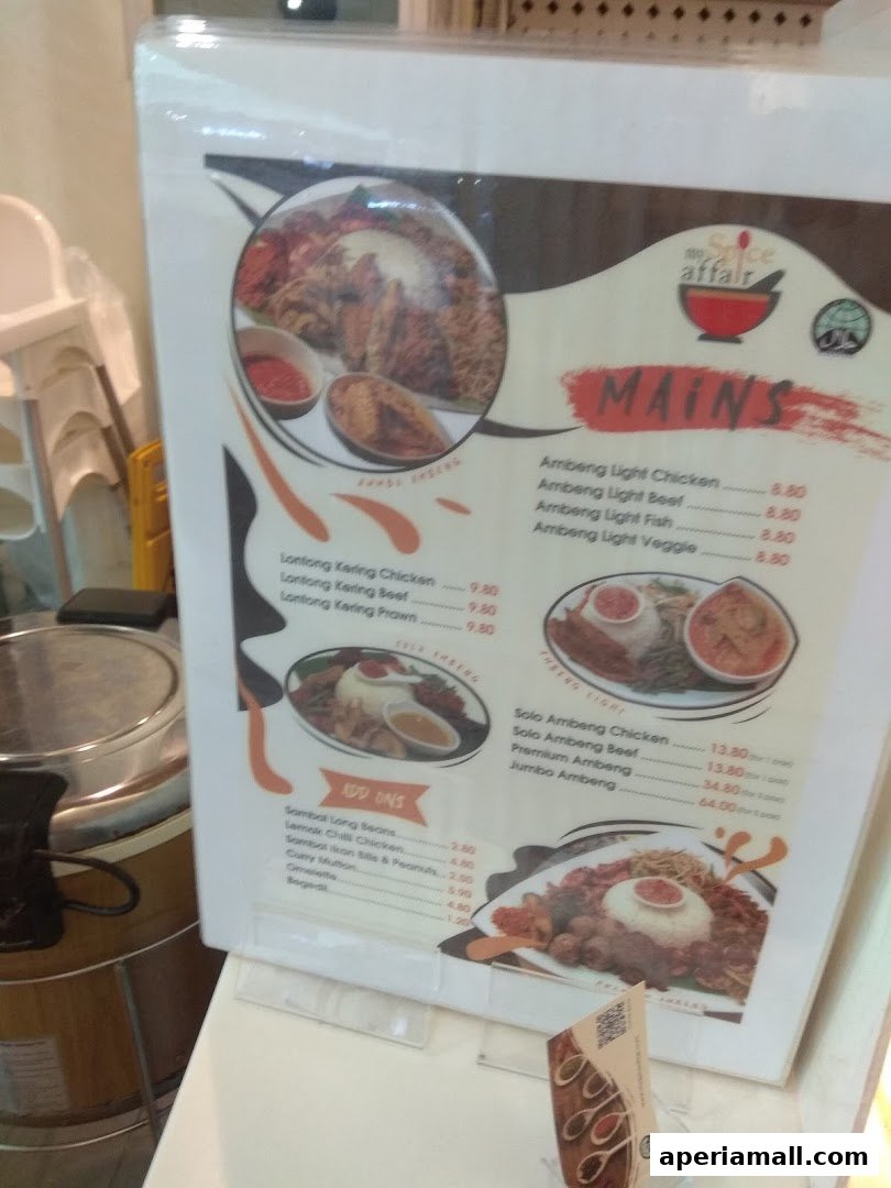 A menu from My Spice Affair featuring mains and add-ons with enticing food images.