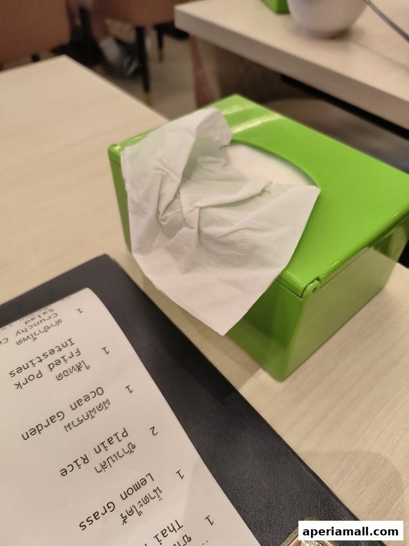 A close-up of a Thai food menu with a green tissue box on a table.