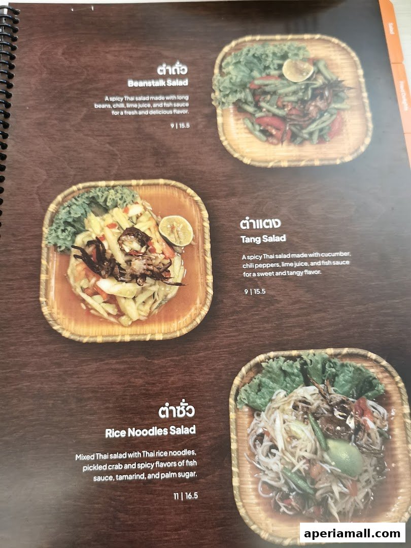 A menu page showcasing three different Thai salads with accompanying images and descriptions.