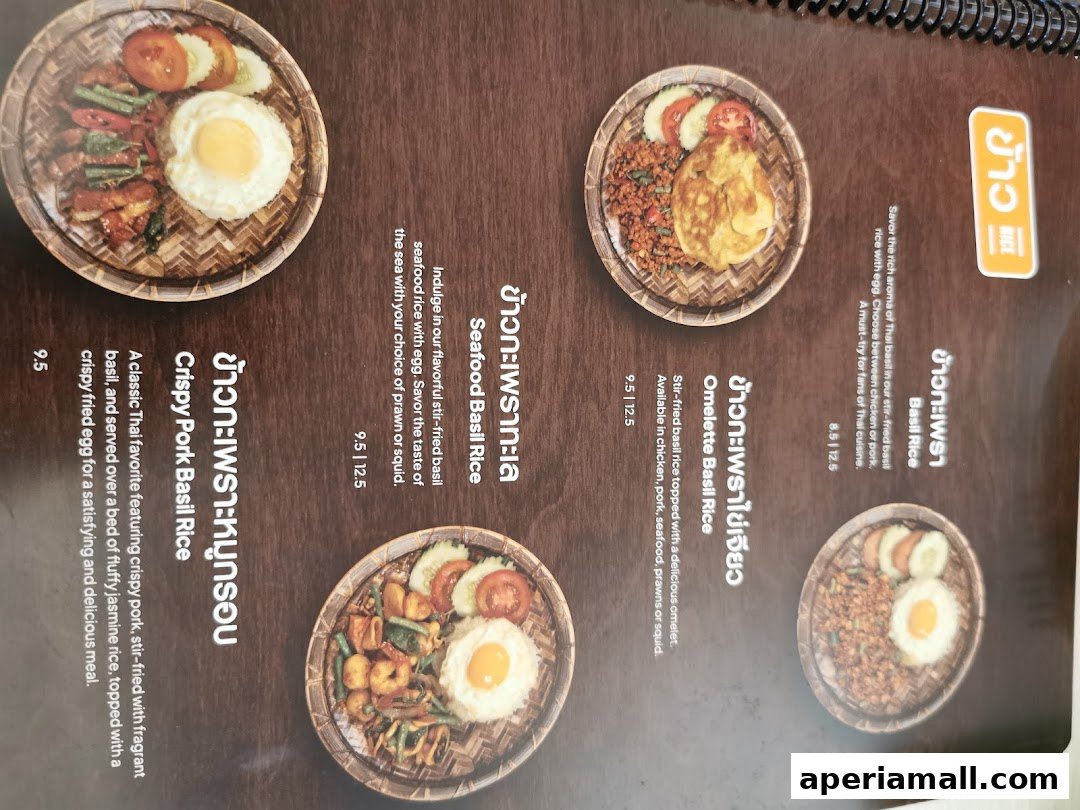 A menu featuring various Thai basil rice dishes with images and descriptions.