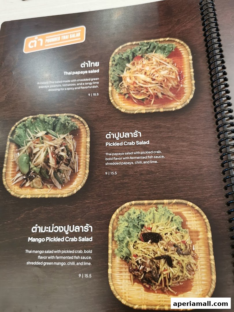 A menu page showcasing three Thai salads with descriptions and prices.