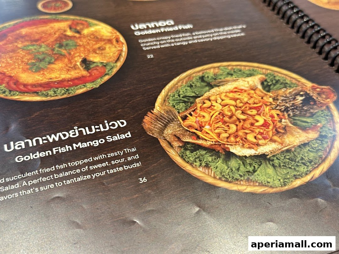 A menu page showcasing two Thai fish dishes with descriptions and prices.
