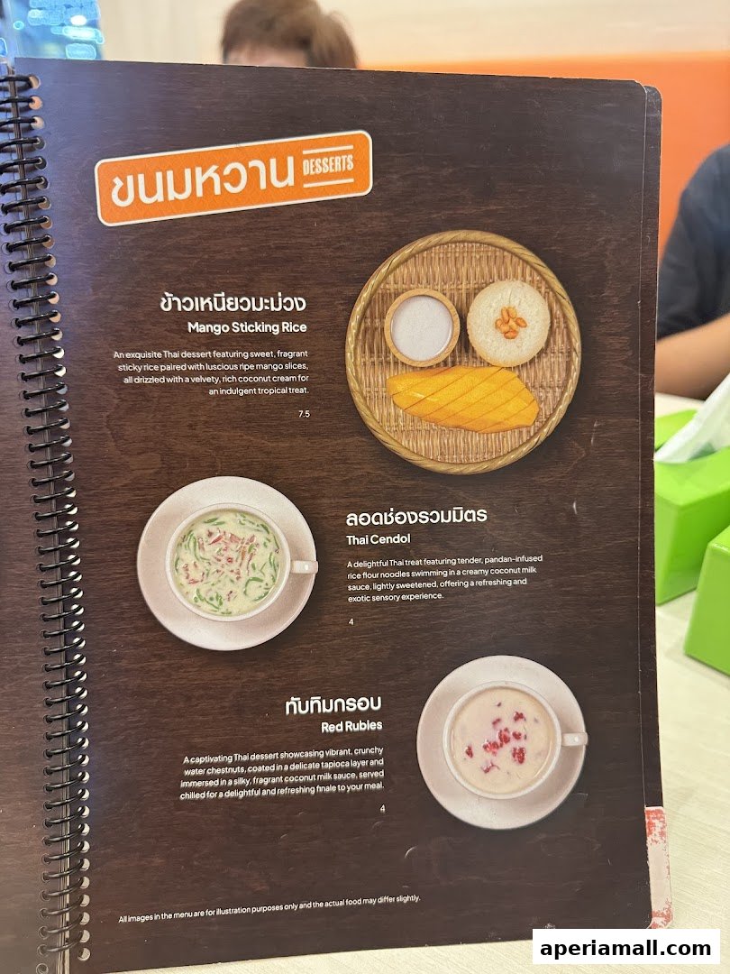 A menu page from Nana Original Thai Food featuring Thai desserts like Mango Sticky Rice.