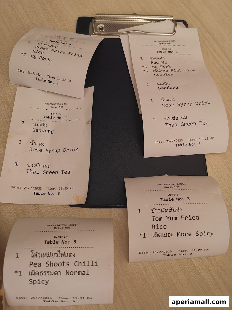 A collection of Thai food order receipts with various dishes and drinks listed.