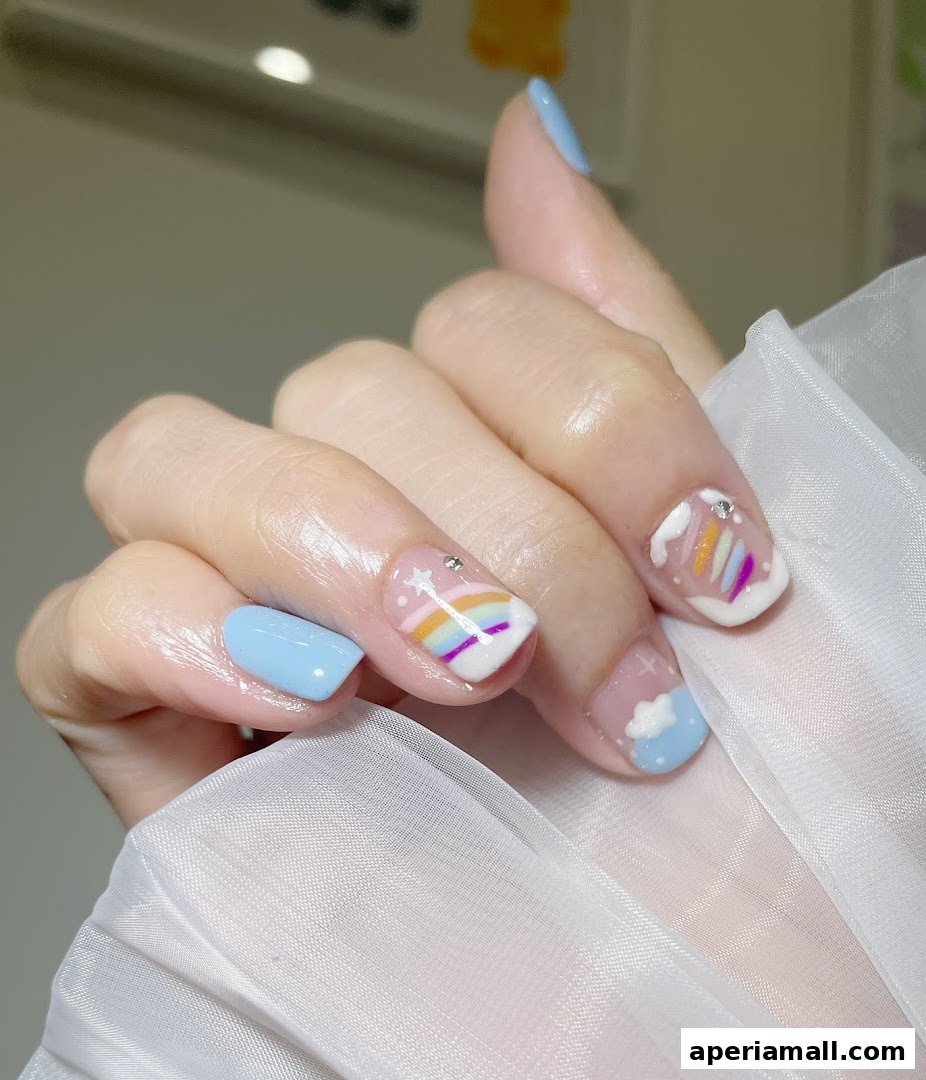 A close-up of a hand with beautifully designed nails featuring a rainbow and cloud theme.