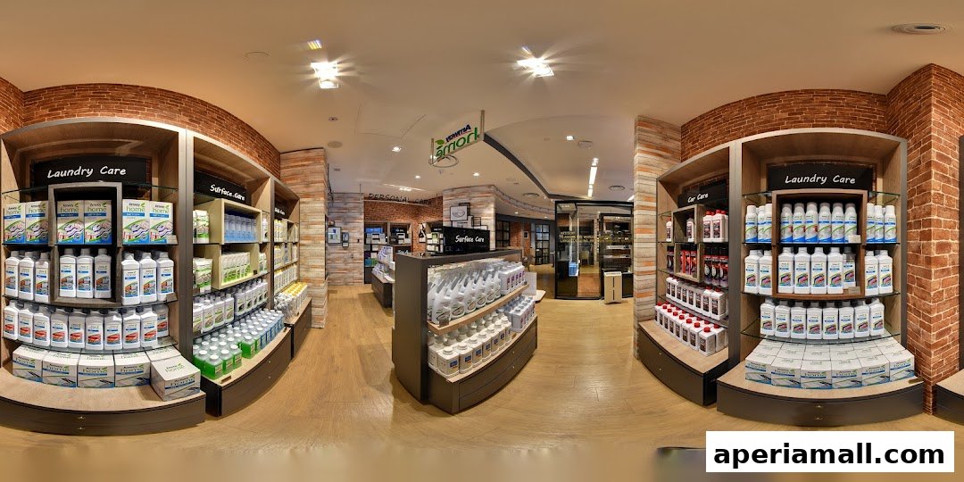 Interior view of a retail store showcasing various home care and personal care products on shelves.